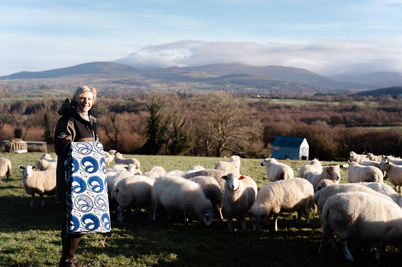 anna in a field filled with sheep holding a blanket